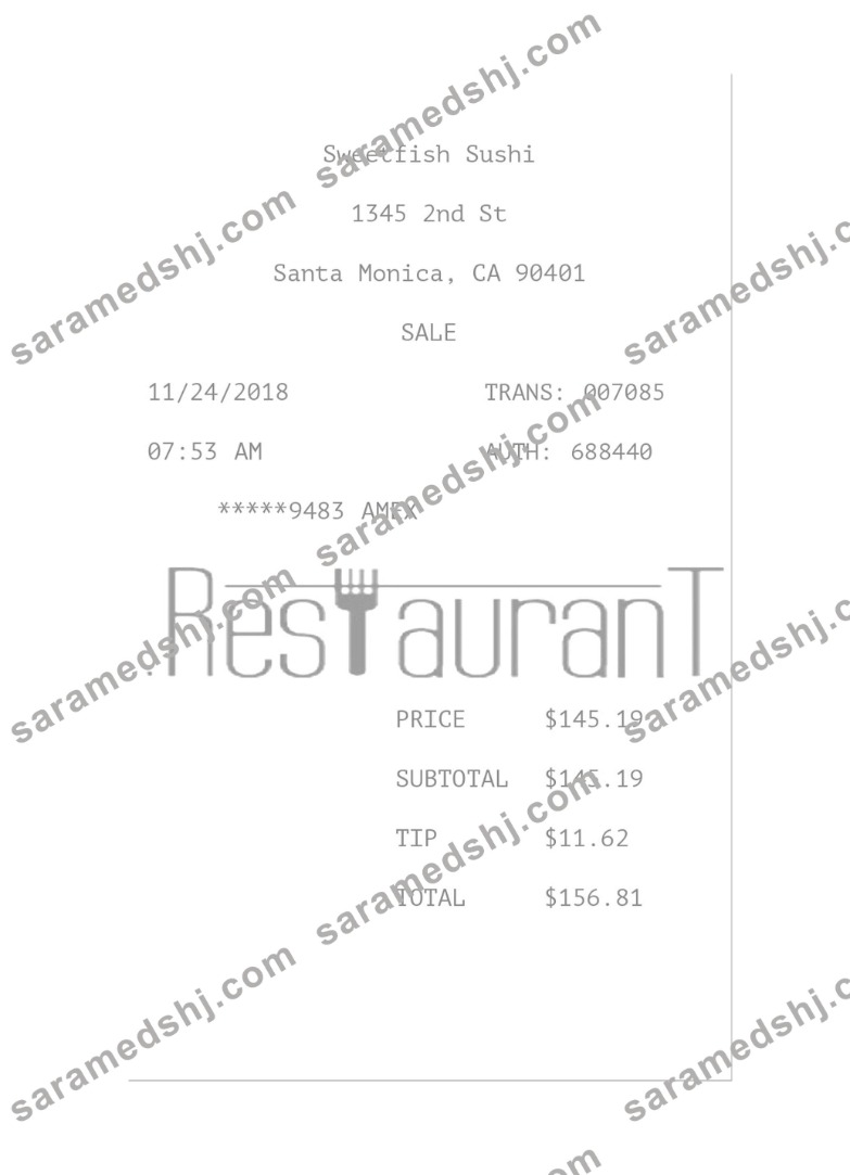 SWEETFISH SUSHI payment receipt